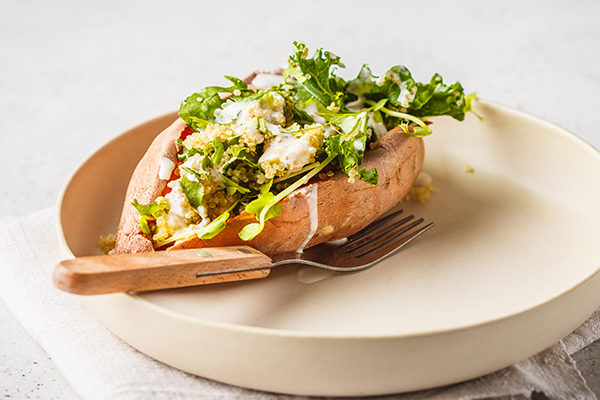 baked sweet potato with tahini snack