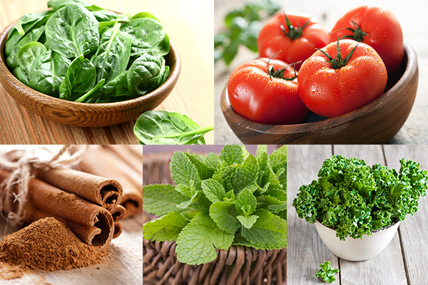 spinach, tomatoes, cinnamon, mint, kale are healthy ingredients for skin