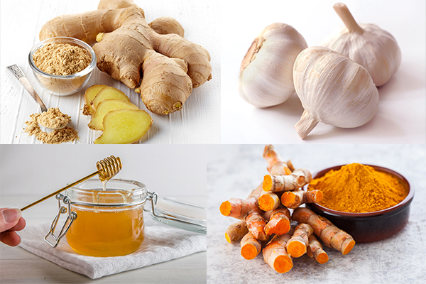 ginger, garlic, raw honey, and turmeric can help fight colds and cough