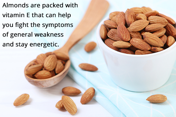 almonds give instant energy when consumed and relieves weakness