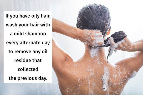 wash your scalp atleast thrice a week to reduce excess sebum deposits