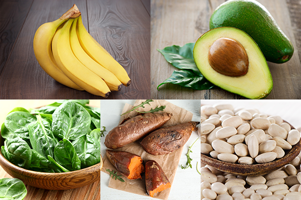 bananas, avocado, spinach, sweet potatoes are high in potassium