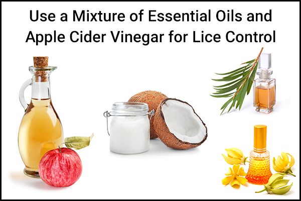 mix and apply apple cider vinegar and essential oils on head for lice control