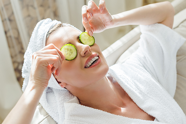 apply a slice of chilled cucumber to soothe puffy eyes