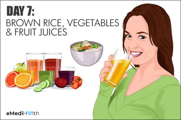 consume brown rice, vegetables, and fruit juices on day 7 of the GM diet