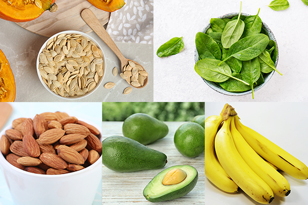 pumpkin seeds, spinach, almonds, avocado etc are rich in magnesium