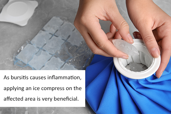 apply an ice pack to relieve pain and swelling associated with bursitis
