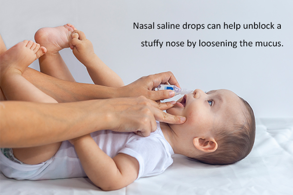 saline drops can help unblock a stuffy nose in babies and relieve cold/cough