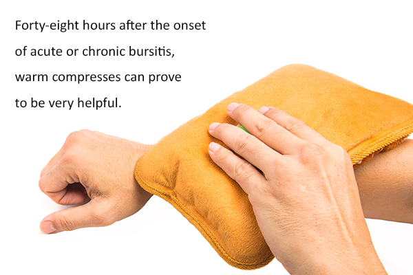 apply a warm compress after 48 hours of bursitis pain and swelling