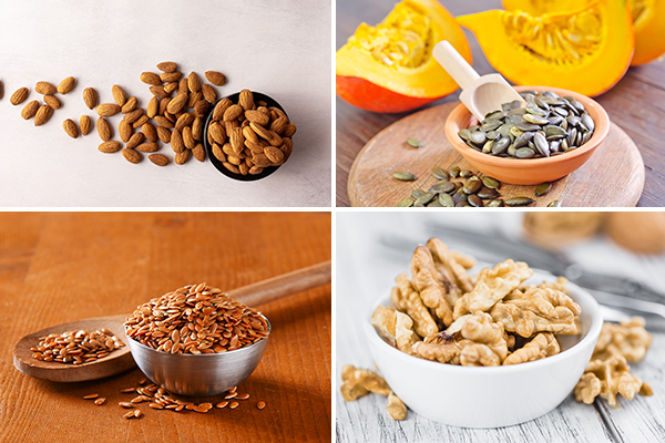 almonds, flaxseeds, pumpkin seeds, and walnuts are beneficial for you
