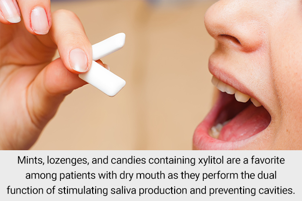 consuming sugar-free gums/candies can help relieve mouth dryness