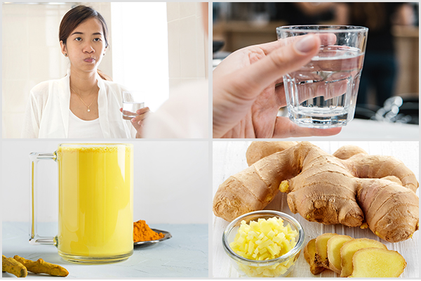 salt water gargle, drinking warm liquids, and turmeric milk can help