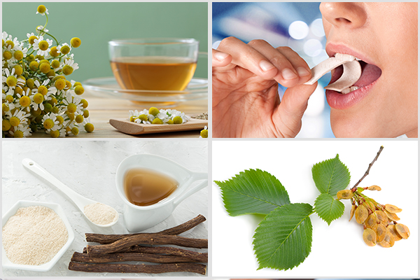 chamomile tea, chewing gum, licorice, and slippery elm can reduce pain when swallowing