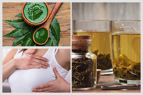 drinking neem tea, massaging, and green tea can help reduce breast size