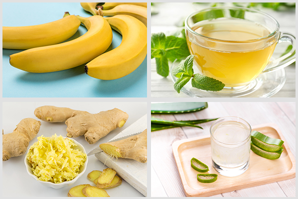 consume bananas, peppermint tea, ginger, and aloe juice to treat upset stomach
