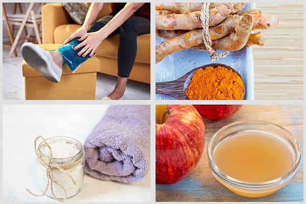 apply cold compress, use turmeric, take Epsom salt bath, and apple cider vinegar to relieve leg pain