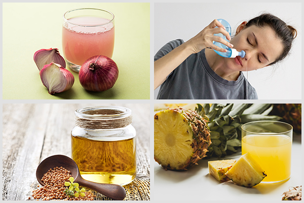 onion juice, saline rinse, mustard oil, and pineapple can provide relief from tinnitus symptoms