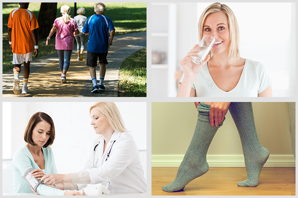 walking, water intake, managing blood pressure, and wear compression socks to improve blood circulation