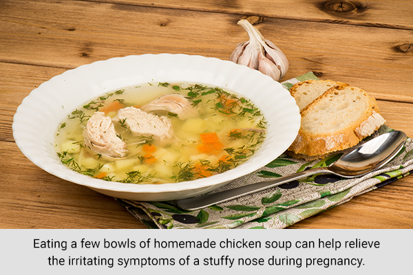 consuming warm chicken soup can help soothe pregnancy rhinitis
