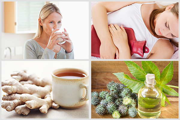 drink water, apply heat, sip ginger tea, and use castor oil to relieve upper abdominal pain