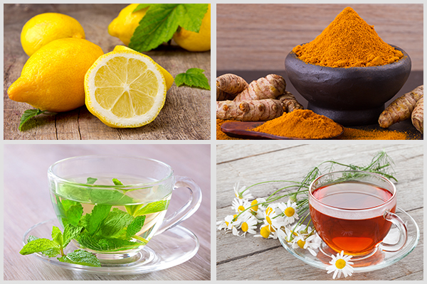 drink lemon juice, try turmeric, drink peppermint tea and chamomile tea to relieve upper abdominal pain