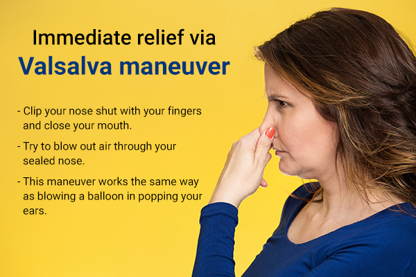 you can get immediate relief from clogged ears by doing the Valsalva maneuver