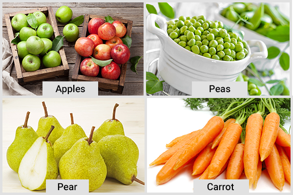 apples, peas, pears, and carrots can be given to your infant when starting solid foods