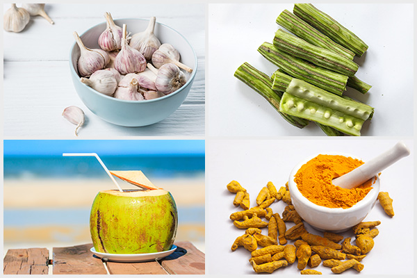 consume garlic, drumstick plant, coconut water, and turmeric to get rid of amebiasis