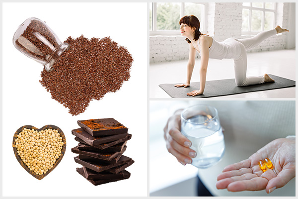 consuming flaxseeds, dark chocolate, exercising, and supplementation can help deal with menopause