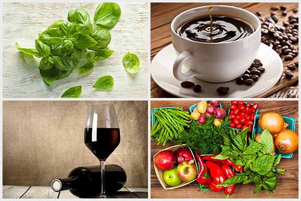 basil leaves, coffee, wine, and fruits/vegetables are often stored incorrectly