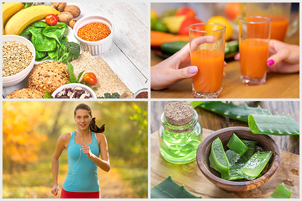 consume high-fiber diet, liquid diet, exercise, and use aloe vera to relieve diverticulitis