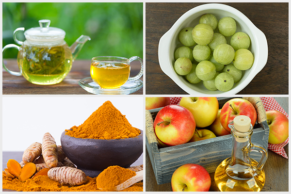 green tea, amla, turmeric, and apple cider vinegar can help improve fatty liver disease