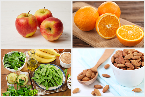 consume apples, oranges, almonds, and vitamin K to improve osteoporosis