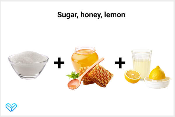exfoliating with sugar, honey, and lemon can help lighten dark skin near your pubic area